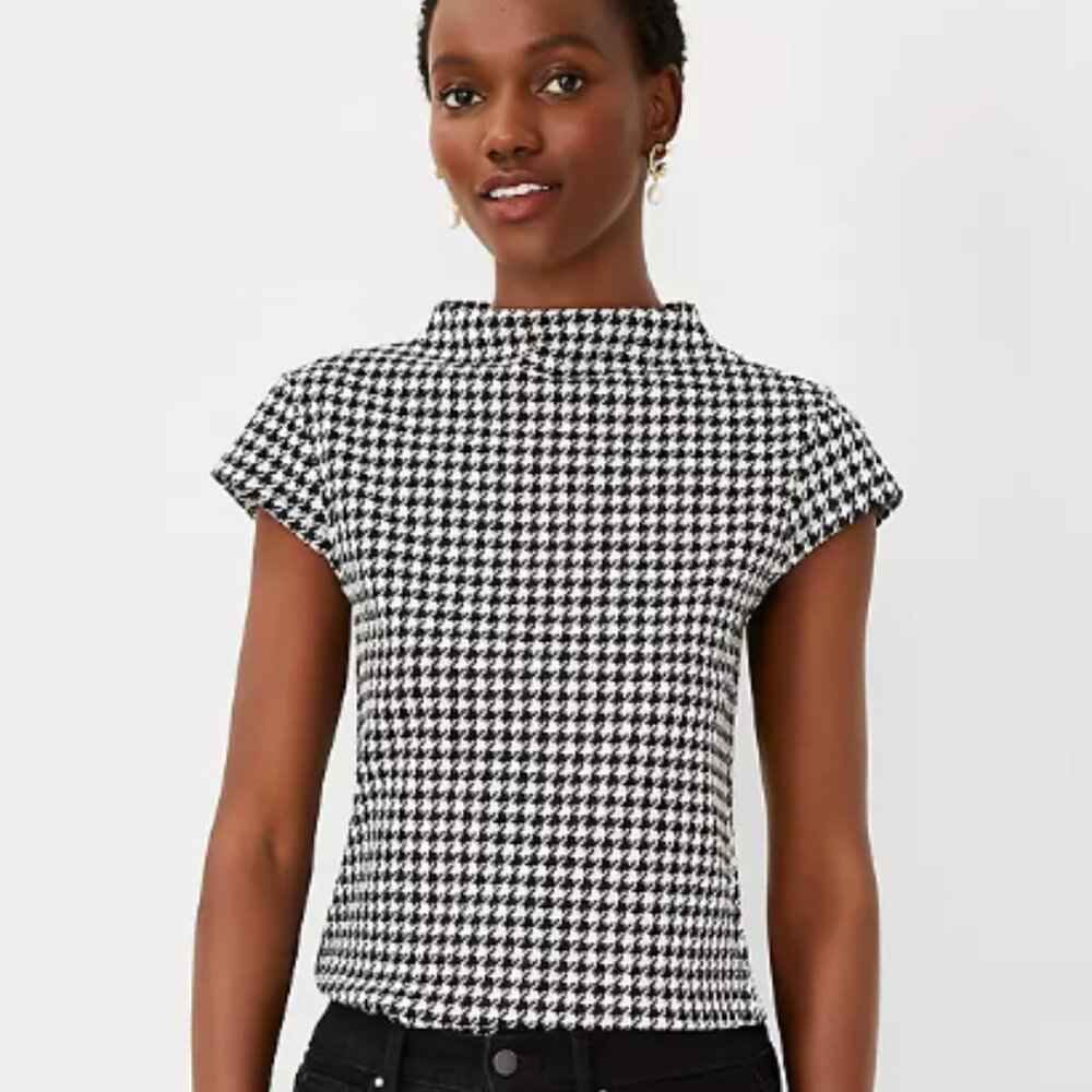 Ann Taylor Houndstooth Mock Neck Top - Medium